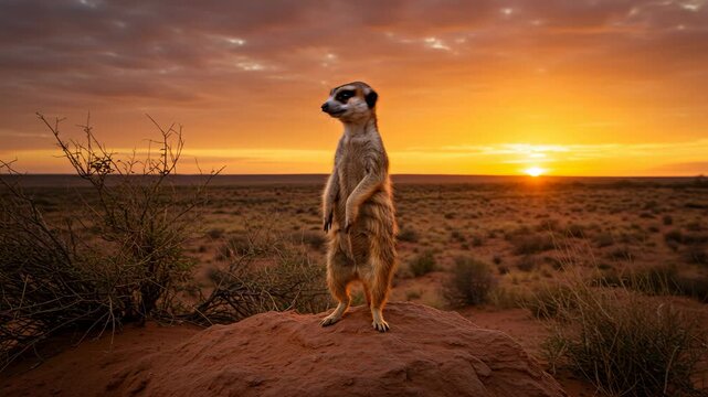 A vigilant meerkat stands on a rock during a stunning sunset in a desert landscape, capturing a vibrant wild animal scene with warm colors and natural surroundings.