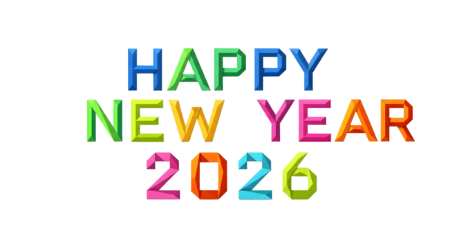Happy new year 2026 colorful text isolated on transparent background