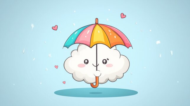 kawaii cloud holding a pastel rainbow umbrella, minimal vector, white background - Powered by Adobe