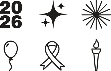 New Year 2026 Icons Set – Sparkles, Balloon, Ribbon, Torch, Minimal Line Celebration Symbols