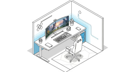 Isometric gaming setup illustration curved monitor desk and accessories