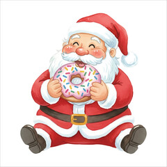 Santa Claus eating a giant donut, fun Christmas watercolor illustration isolated on white
