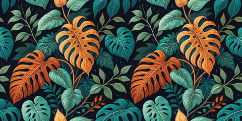 Vibrant tropical foliage featuring a mix of green and burnt orange leaves on a dark background.