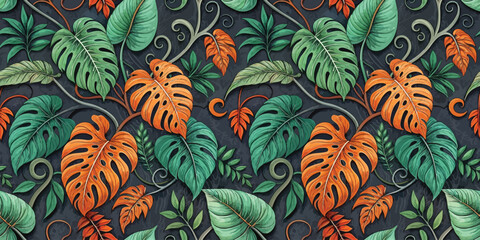 Vibrant tropical foliage pattern featuring lush green leaves with touches of orange for a lively decor.