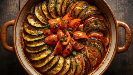Artistically arranged ratatouille in a rustic dish offering a vibrant culinary