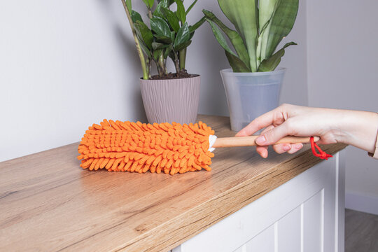 Woman wiping dust from wooden furniture with an orange microfiber duster.  Concept of dust removal, home cleaning, cleanliness.
