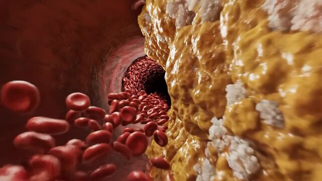 Cholesterol buildup inside an artery, red blood cells flowing through a constricted vessel, heart health and cardiovascular risk concept