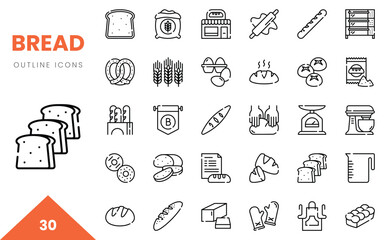 A collection of black and white outline icons representing various bread types and baking tools.