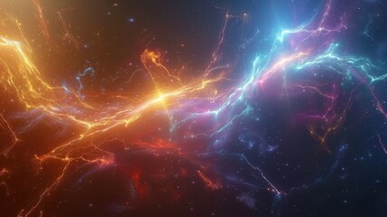 futuristic space scene with colorful nebula storms and light waves