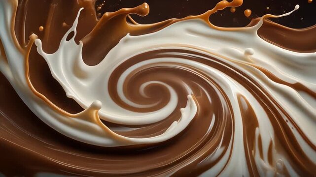 Creamy Chocolate and Milk swirl together creating a dynamic and visually appealing abstract design for backgrounds