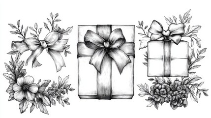 Hand-drawn line art gift set with floral borders and ribbons, isolated on white