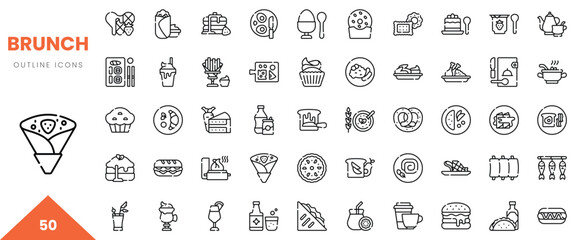 A collection of 50 outline icons representing various brunch items and beverages.