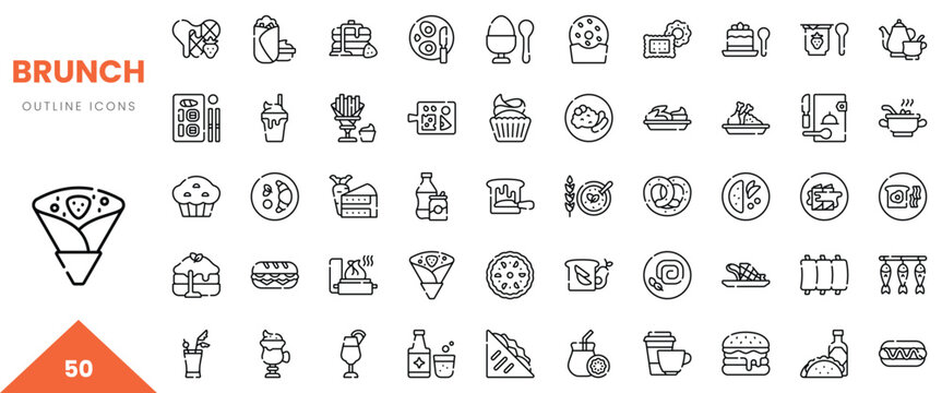 A collection of 50 outline icons representing various brunch items and beverages.
