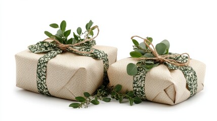 Eco-friendly gift set with recyclable wrapping and green leaves decor, isolated on white