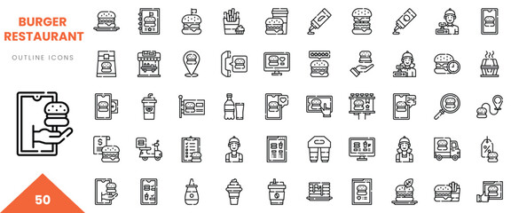 A collection of 50 outline icons related to burger restaurants, including food items and service elements.