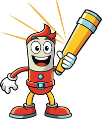 Cartoon pencil character holding a telescope and shining on a white background writing drawing