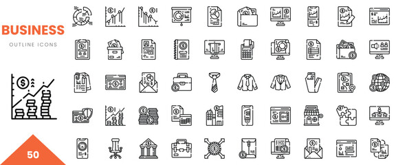 Set of 50 business outline icons, showcasing various finance, management, and growth concepts.