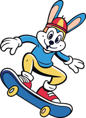 Cartoon rabbit character wearing a cap and riding a skateboard with a happy expression bunny skateboarding