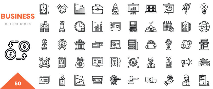 A collection of 50 business-themed outline icons representing various concepts.