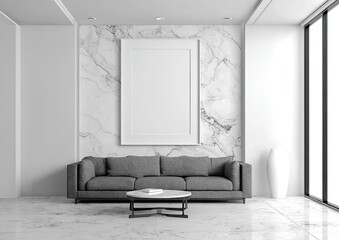 Modern living room with grey sofa, coffee table, large blank frame on marble wall