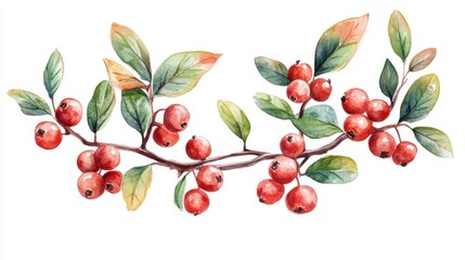 Detailed watercolor illustration of bearberry plant with berries and leaves, isolated on white background