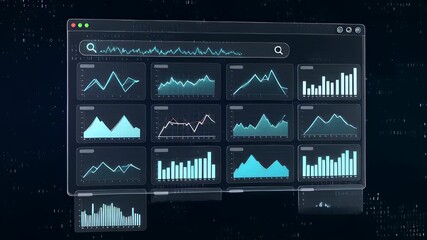 Futuristic 3D web browser interface performing a data search with neon blue charts and graphs loading on a dark glass screen, representing SEO and digital marketing concepts - Powered by Adobe