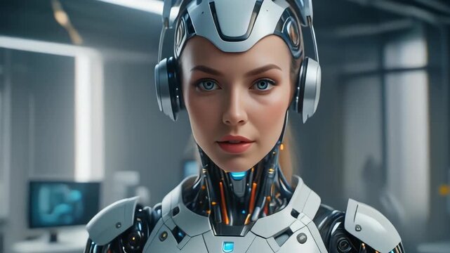 Futuristic Female Robot Close Up with Blue Eyes and Chrome Headset in a Bright, Modern Office Setting