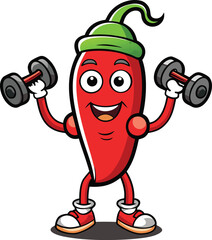 Cartoon red chili pepper character with green hat lifting dumbbells on white background vector illustration