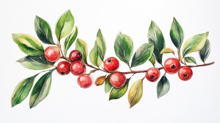 Detailed watercolor illustration of bearberry plant with berries and leaves, isolated on white background