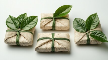 Eco-friendly gift set with recyclable wrapping and green leaves decor, isolated on white