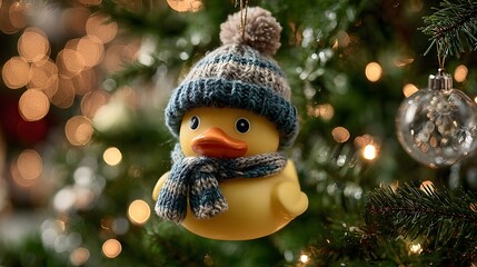 Obraz premium Whimsical macro photograph of a cute rubber duck Christmas ornament with a tiny hat and scarf, hanging on a tree with warm, twinkling bokeh lights.