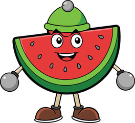 Cartoon watermelon slice character wearing green hat and holding weights on white background fruit