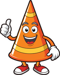 Cartoon traffic cone character giving a thumbs up with a big smile on a white background safety