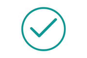 Teal check mark icon in circle illustrating approval, validation, acceptance, and completion on transparent background