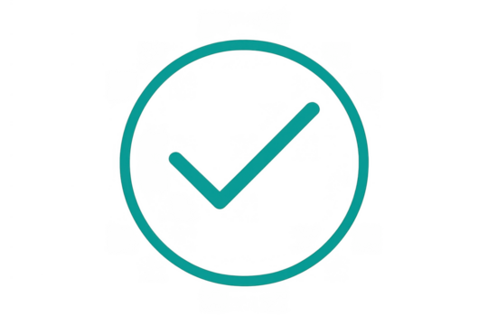 Teal check mark icon in circle illustrating approval, validation, acceptance, and completion on transparent background - Powered by Adobe