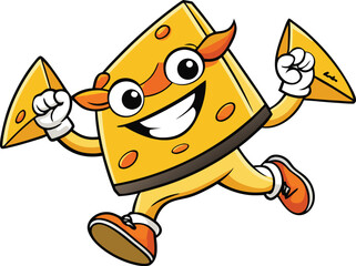 Cheerful cartoon cheese character running with cheese slices in hands on white background food