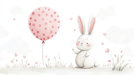 bunny with pastel pink polka dot balloon, minimal illustration style, white background, clean vector