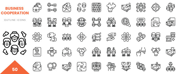 A collection of outline icons representing business cooperation concepts and collaboration.