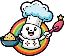 Cheerful cartoon chef character with rainbow background holding a bowl of food and a spoon cooking