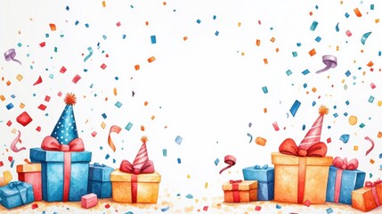 Birthday party invitation illustration with gift boxes and party hat, white background