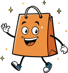 Happy cartoon orange shopping bag character with sparkling stars around it, waving on a white background