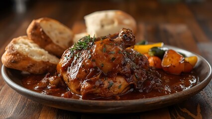 Gourmet chicken dish with rich sauce presented on a rustic wooden table top