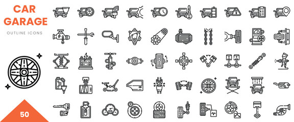 A collection of 50 detailed outline icons representing various car garage tools and equipment.