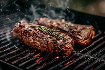 Succulent grilled steak seasoned with peppercorns on flaming barbecue, adorned with roasted vegetables, captures ambiance of outdoor culinary delight. Neural network AI generated