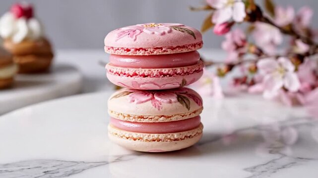 Elegant pink macaroons with floral designs, delicate dessert setting with blossoms, springtime indulgence perfect for Easter or Mother's Day celebrations