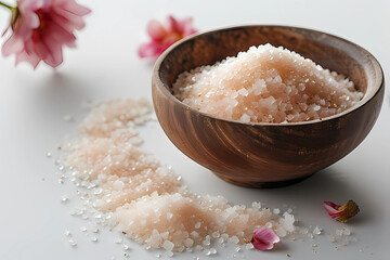 Close-up of pink Himalayan salt crystals in a wooden bowl on a white surface, with scattered petals and flowers.