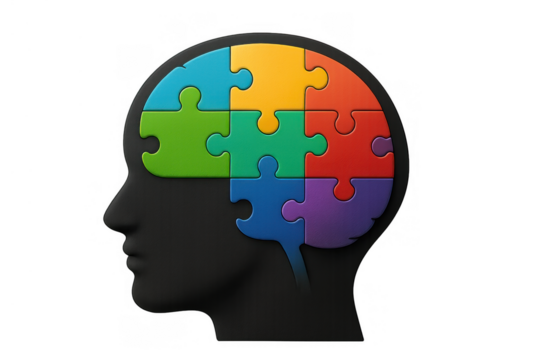 Human head silhouette with brain made of colorful puzzle pieces, conceptualizing mental health, intelligence, and problem solving
