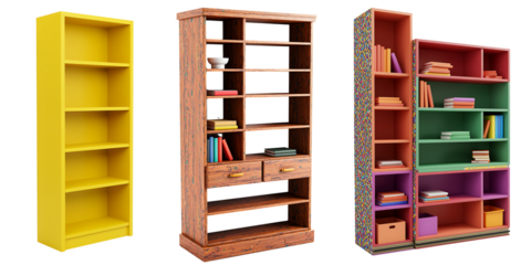 Three colorful and diverse bookshelves filled with books and decorative items