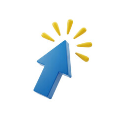 Blue 3D arrow cursor icon clicking with yellow sparks.