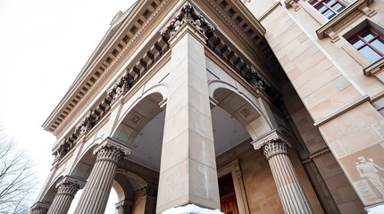 Front View of a Classical Building with Elegant Columns and Pillars